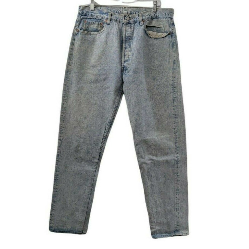 Levis 501 38x32 Denim Blue Jeans Red Tab Distressed USA Made Worn Light Wash 2